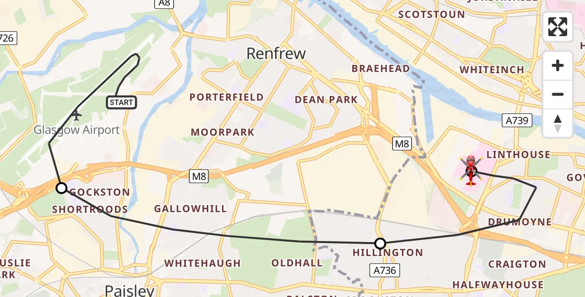 Flight route map: Air Ambulance Helicopter to Queen Elizabeth Hospital, Queen Elizabeth Hospital