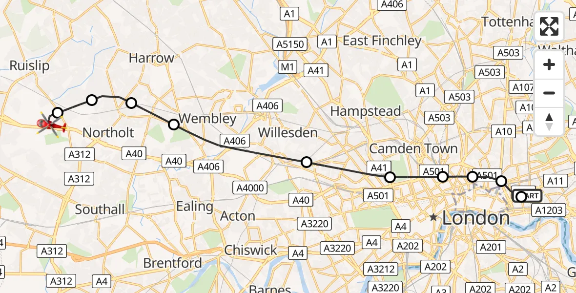 Flight route map: Air Ambulance Helicopter to RAF Northolt, RAF Northolt