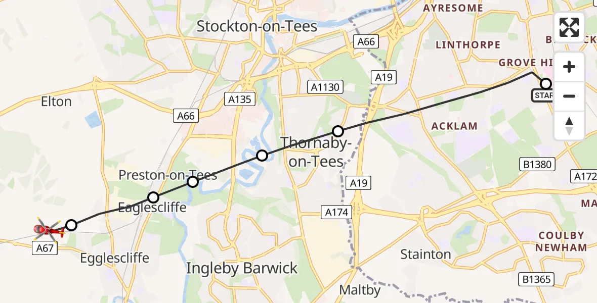 Routekaart van de vlucht: Air Ambulance Helicopter to Egglescliffe, Egglescliffe