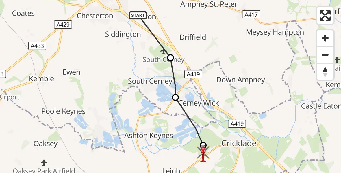 Routekaart van de vlucht: Air Ambulance Helicopter to Cricklade, Waterhay