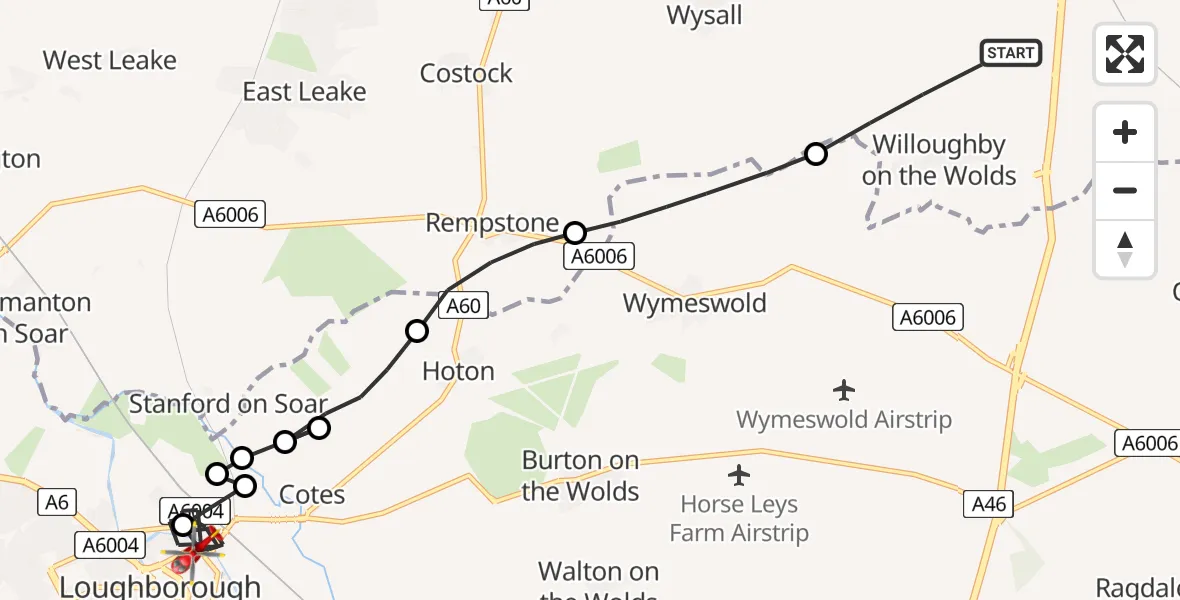 Flight route map: Air Ambulance Helicopter to Loughborough, Hanford Way