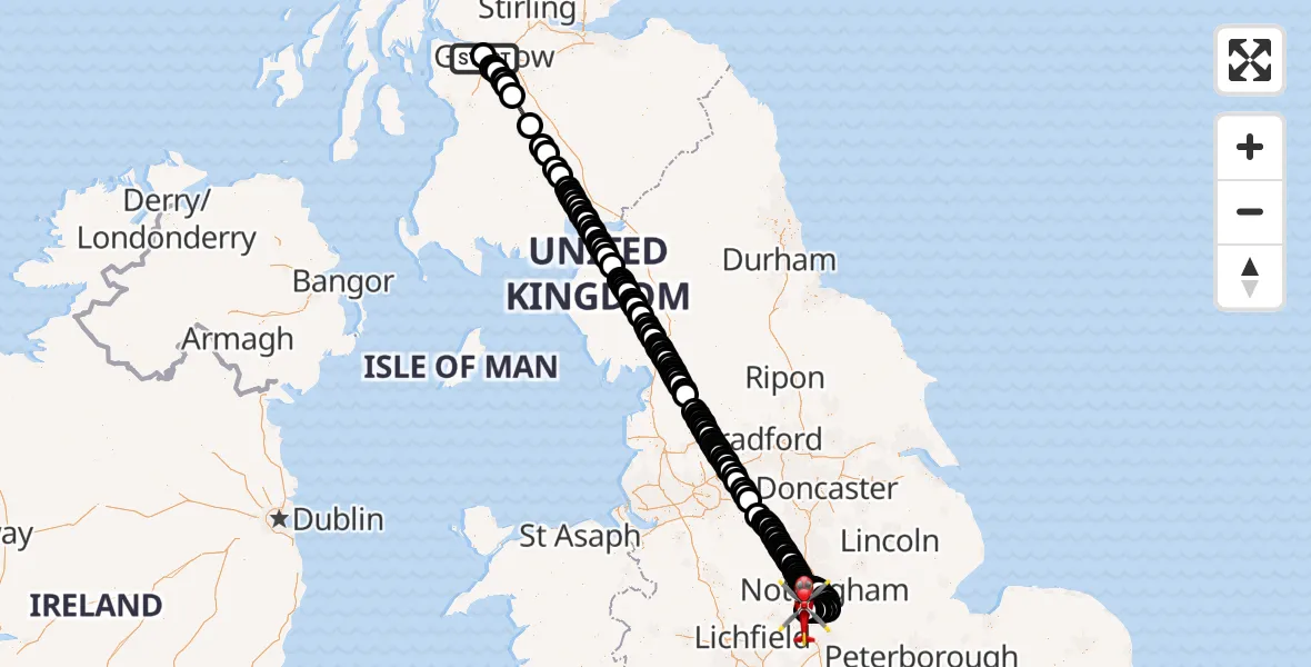 Flight route map: Air Ambulance Helicopter to East Midlands Airport, East Midlands Airport
