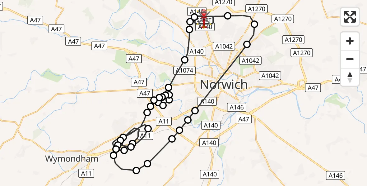 Flight route map: Air Ambulance Helicopter to Norwich Airport, Norwich Airport