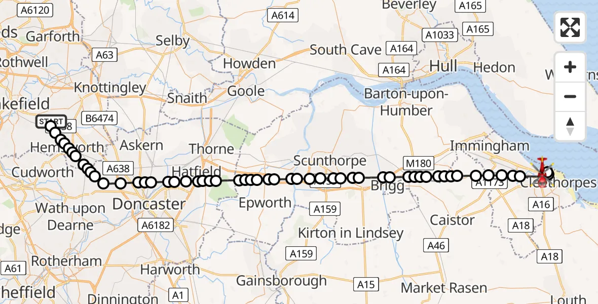 Flight route map: Air Ambulance Helicopter to Grimsby, Freeman Street