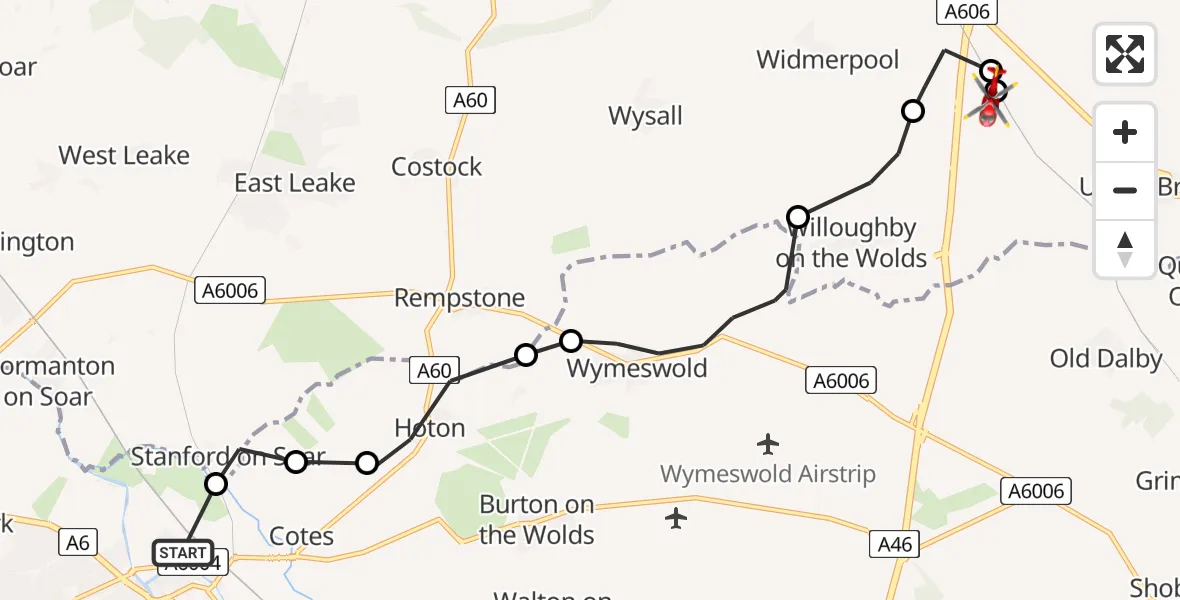Routekaart van de vlucht: Air Ambulance Helicopter to Nottingham Heliport, Nottingham Heliport