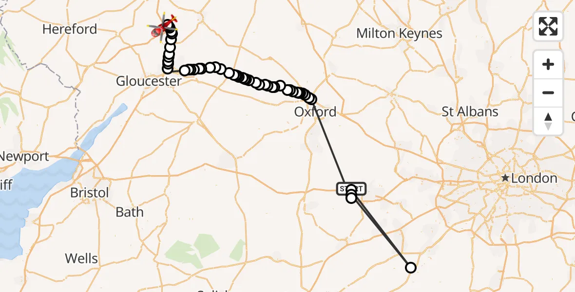 Routekaart van de vlucht: Air Ambulance Helicopter to Kinnersley, M5