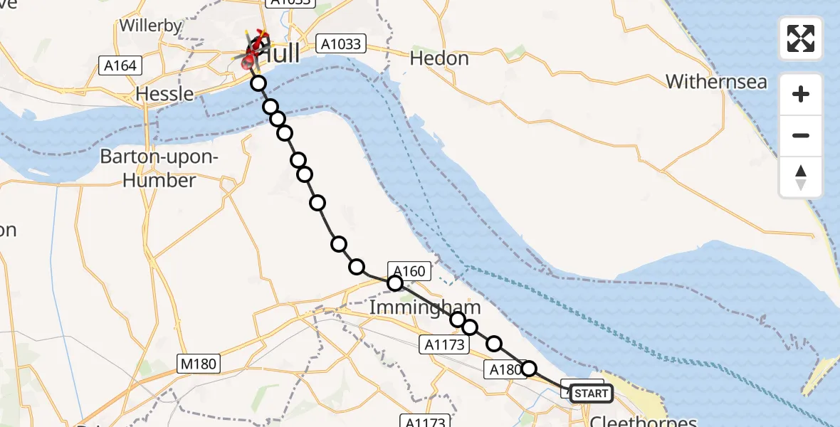 Routekaart van de vlucht: Air Ambulance Helicopter to Hull Royal Infirmary, Hull Royal Infirmary