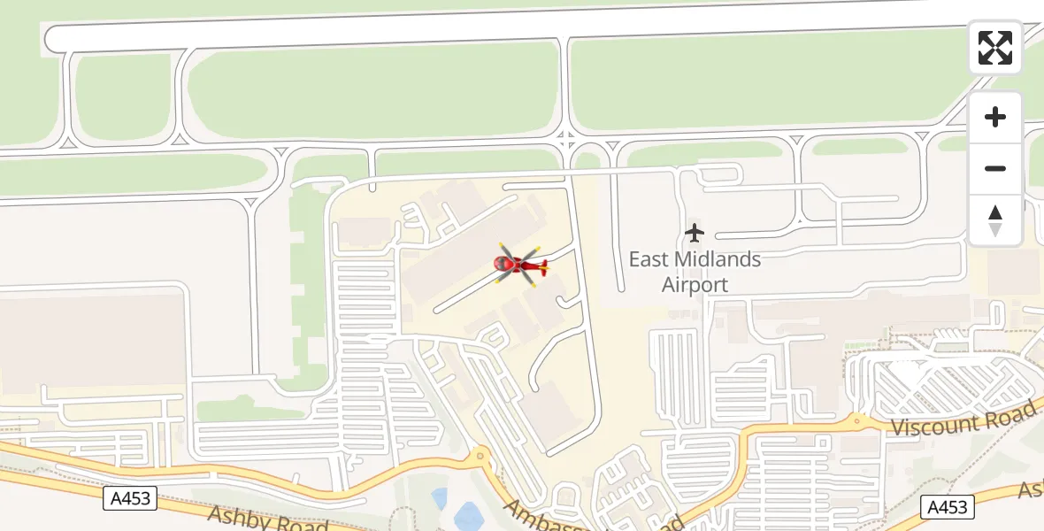 Flight route map: Air Ambulance Helicopter to East Midlands Airport, East Midlands Airport