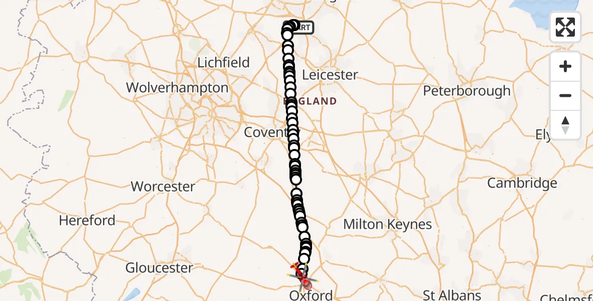Flight route map: Air Ambulance Helicopter to London Oxford Airport, London Oxford Airport