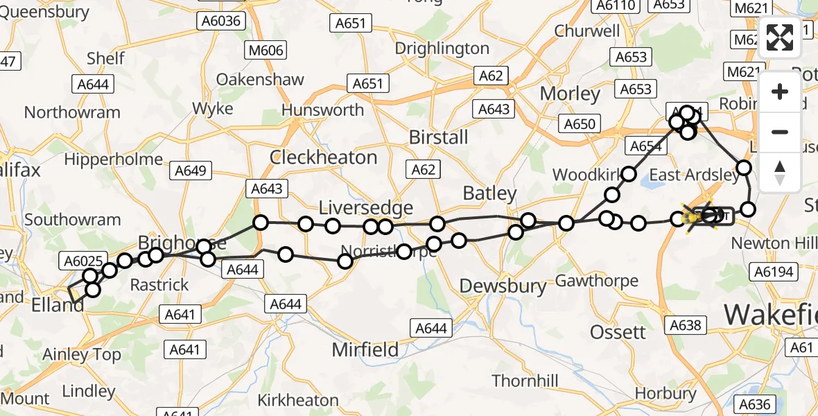 Flight route map: Police Helicopter to East Ardsley, Stoney Lane