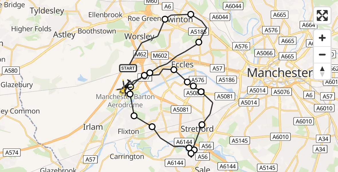 Flight route map: Police Helicopter to Manchester Barton Aerodrome, Manchester Barton Aerodrome