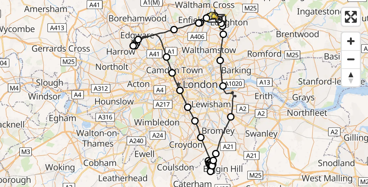 Flight route map: Police Helicopter to Metropolitan Police Air Support Unit Lippitts Hill, Metropolitan Police Air Support Unit Lippitts Hill
