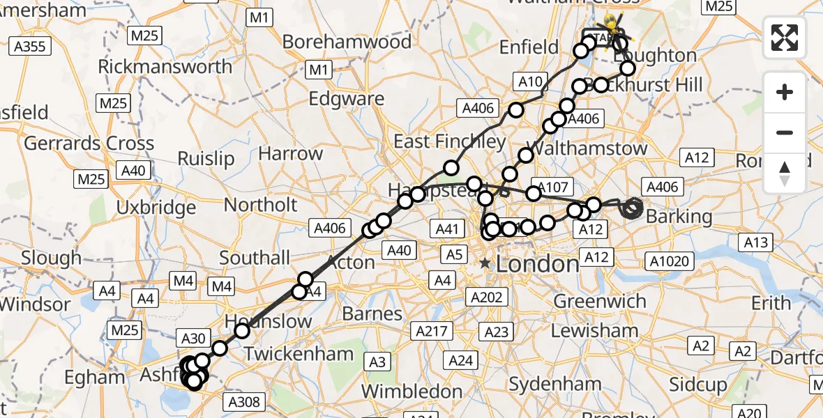 Flight route map: Police Helicopter to Epping Forest, Mott Street