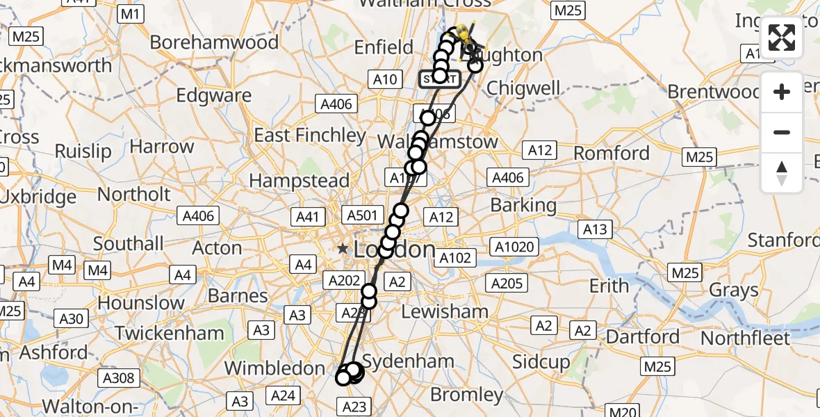 Flight route map: Police Helicopter to Metropolitan Police Air Support Unit Lippitts Hill, Metropolitan Police Air Support Unit Lippitts Hill