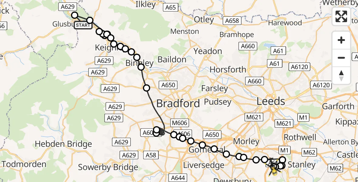 Routekaart van de vlucht: Police Helicopter to East Ardsley, Stoney Lane