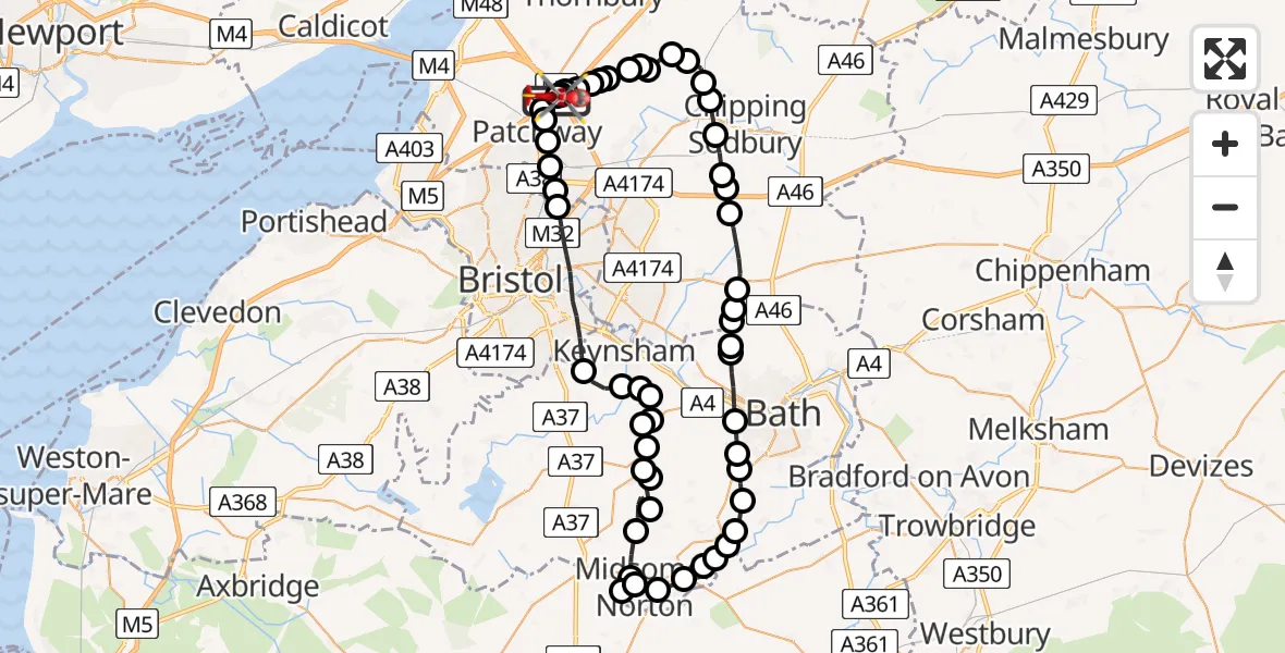 Flight route map: Air Ambulance Helicopter to Almondsbury Helicopter Base, Almondsbury Helicopter Base