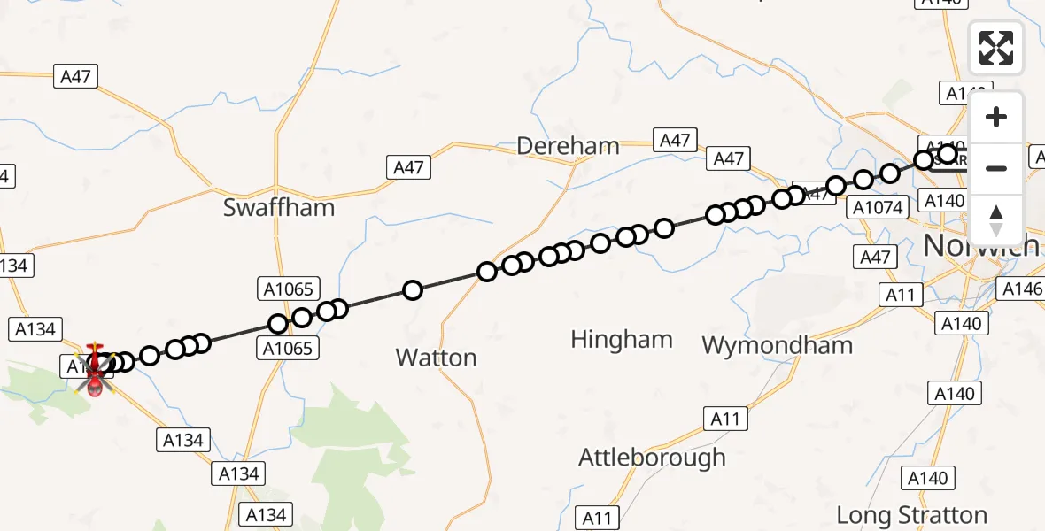 Flight route map: Air Ambulance Helicopter to King's Lynn and West Norfolk, Church Lane