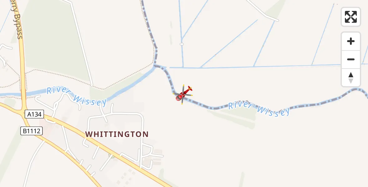 Flight route map: Air Ambulance Helicopter to King's Lynn and West Norfolk, Church Lane