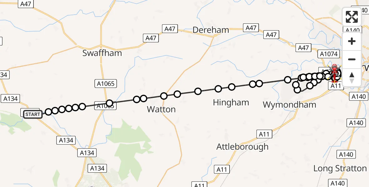 Routekaart van de vlucht: Air Ambulance Helicopter to Norfolk & Norwich Hospital, Norfolk & Norwich Hospital