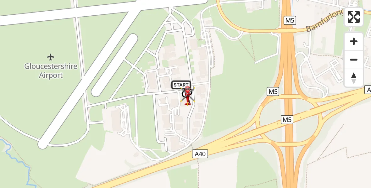 Flight route map: Air Ambulance Helicopter to Tewkesbury, Bamfurlong Lane