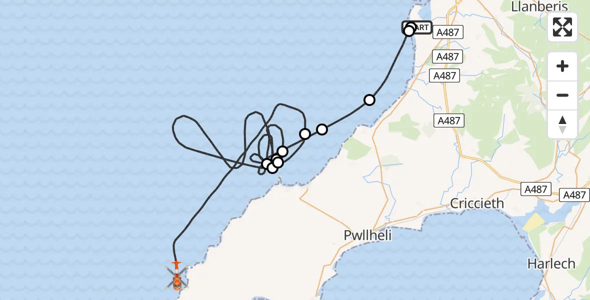 Flight route map: Coastguard Helicopter to Irish Sea, Caernarfon Airport