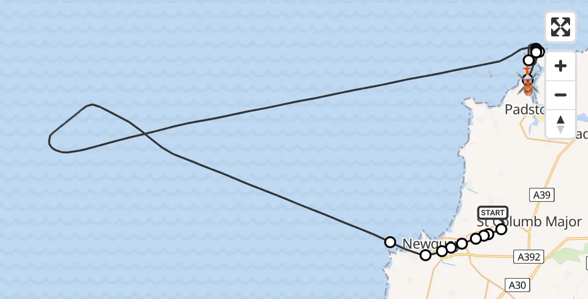 Flight route map: Coastguard Helicopter to Padstow, Tregirls Lane