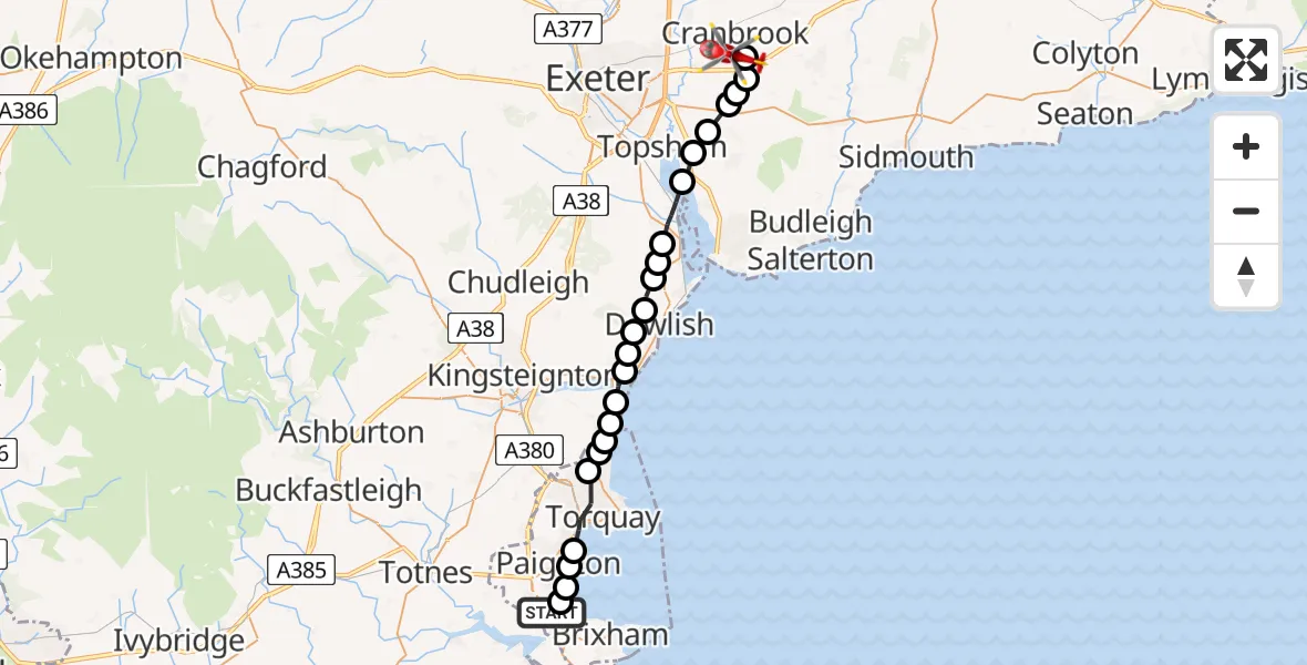 Flight route map: Air Ambulance Helicopter to Rockbeare, Westcott Road