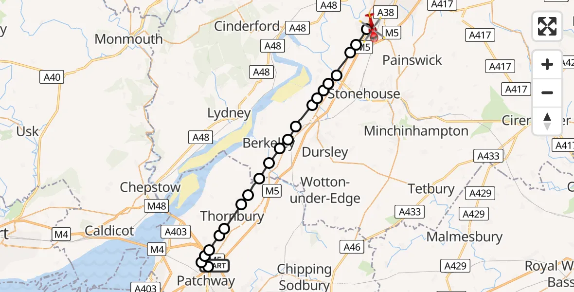 Routekaart van de vlucht: Air Ambulance Helicopter to Gloucester, Thatcham Avenue