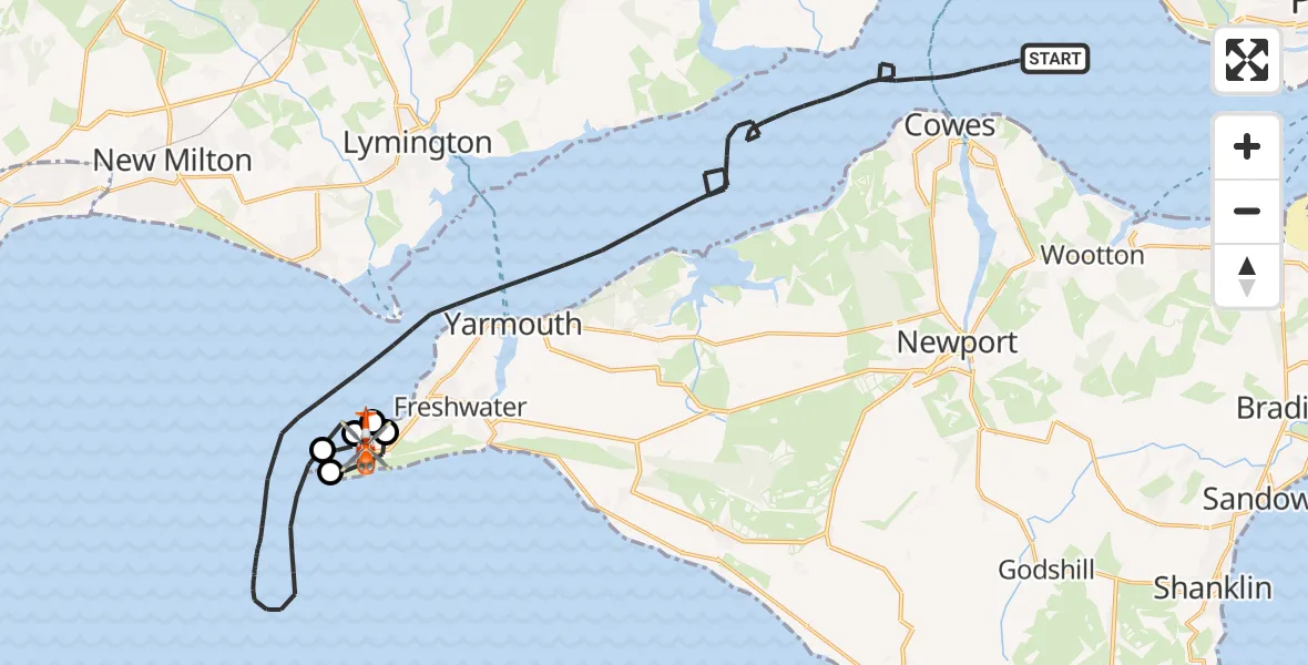 Flight route map: Coastguard Helicopter to Totland, Alum Bay New Road