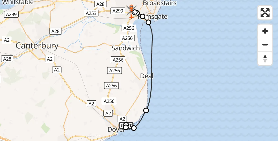 Flight route map: Coastguard Helicopter to Manston Airport, Manston Airport