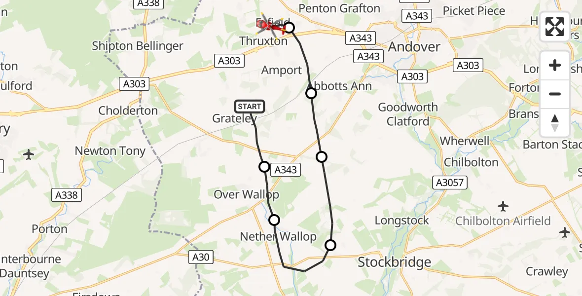 Flight route map: Air Ambulance Helicopter to Fyfield, Grange Close