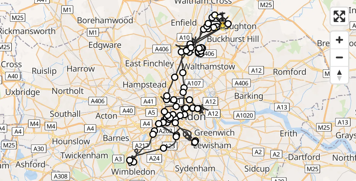 Flight route map: Police Helicopter to Metropolitan Police Air Support Unit Lippitts Hill, Metropolitan Police Air Support Unit Lippitts Hill