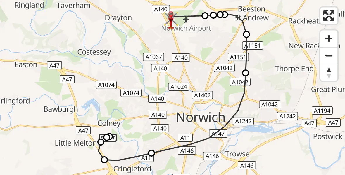 Flight route map: Air Ambulance Helicopter to Norwich Airport, Norwich Airport