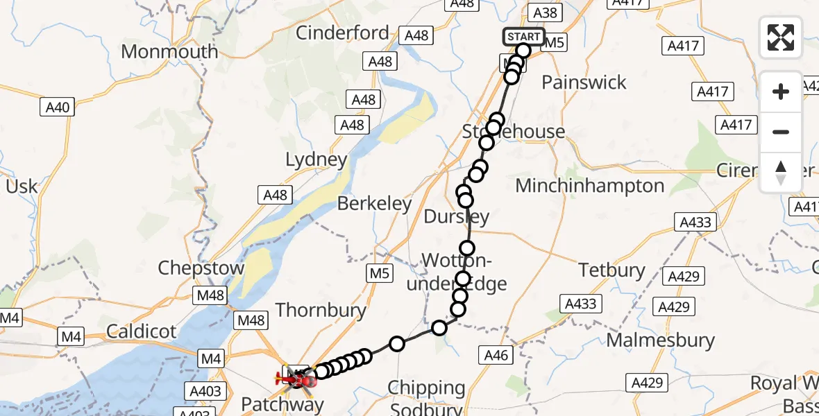 Flight route map: Air Ambulance Helicopter to Almondsbury Helicopter Base, M4