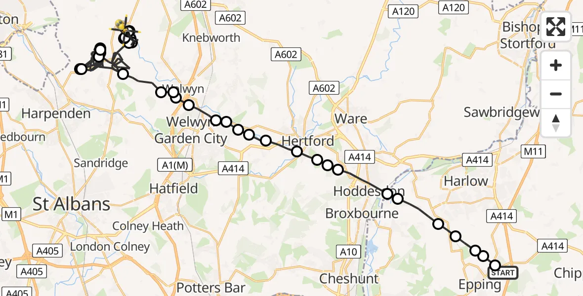 Routekaart van de vlucht: Police Helicopter to St Paul's Walden, High Street