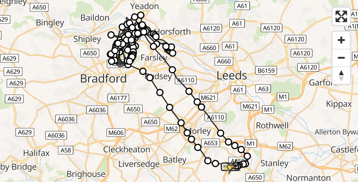 Flight route map: Police Helicopter to East Ardsley, Stoney Lane