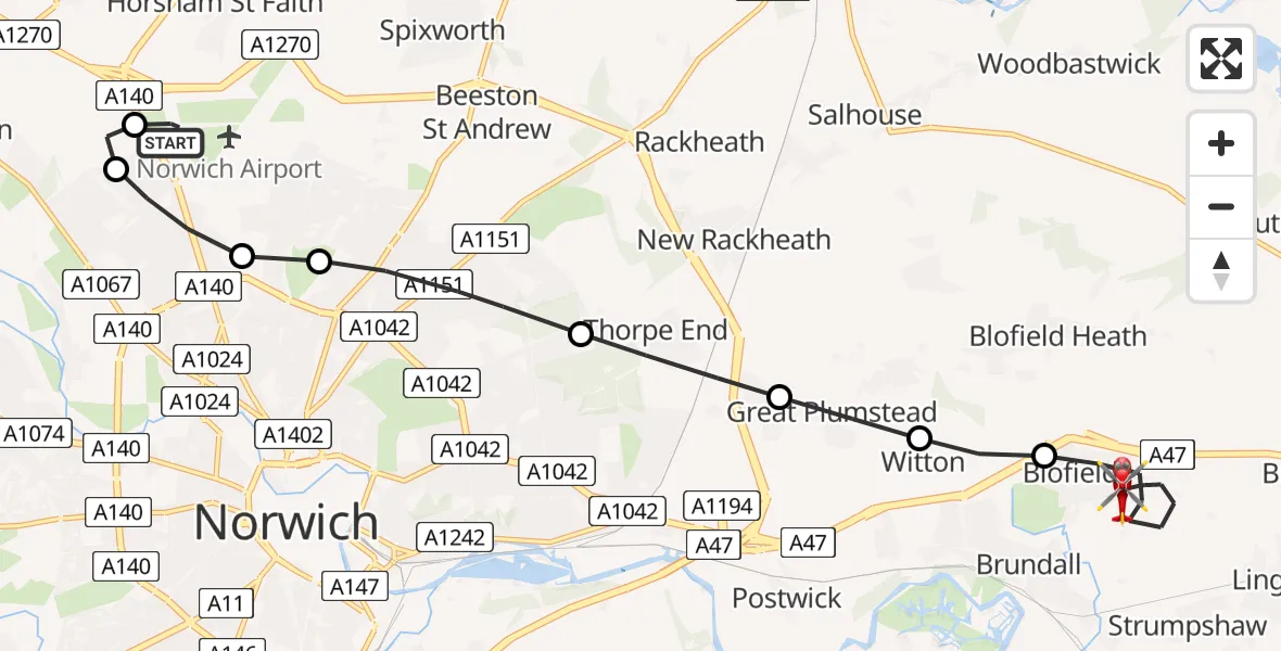 Flight route map: Air Ambulance Helicopter to Blofield, Pound Lane