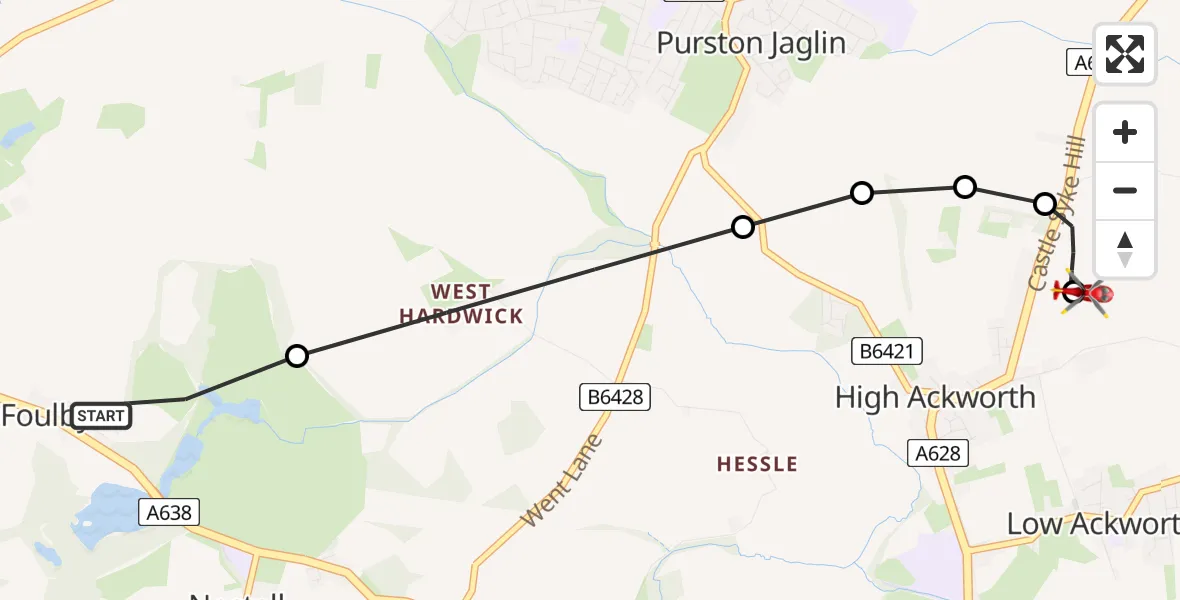 Flight route map: Air Ambulance Helicopter to Low Ackworth, Long Lane