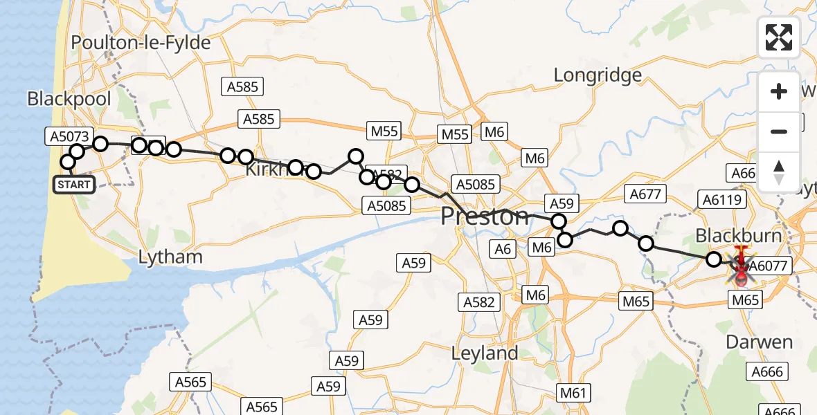 Flight route map: Air Ambulance Helicopter to Blackburn, Park Lee Road