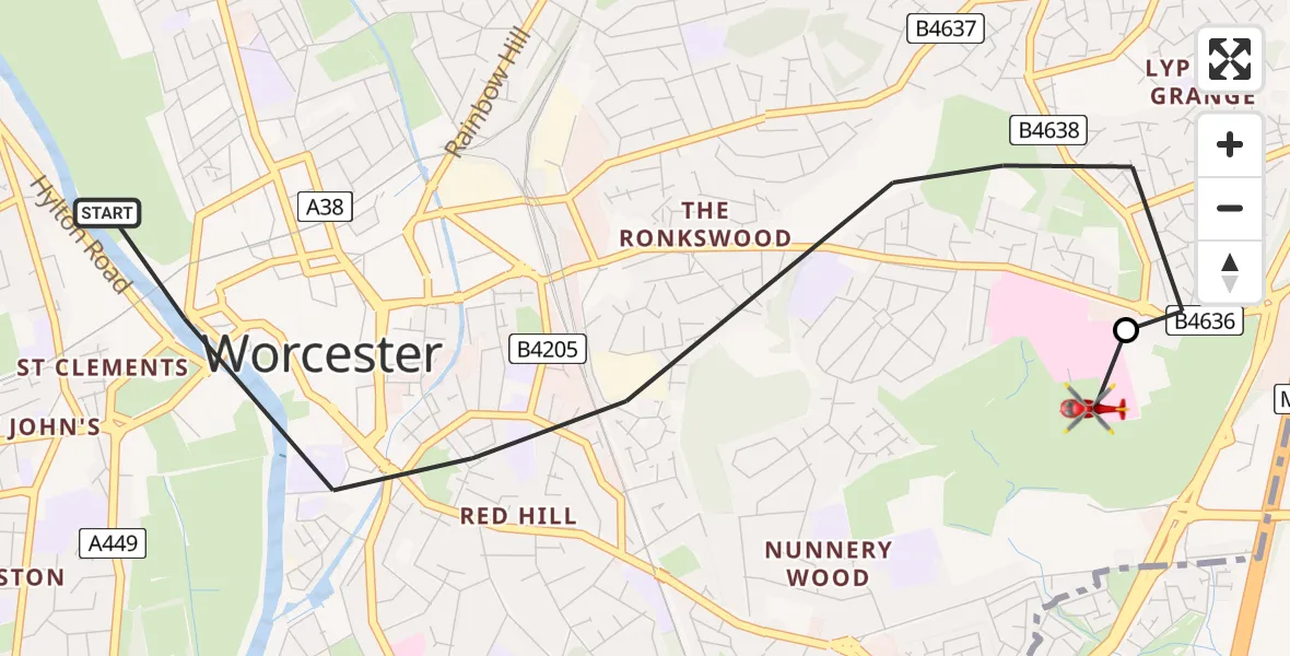 Flight route map: Air Ambulance Helicopter to Worcester, The Heights