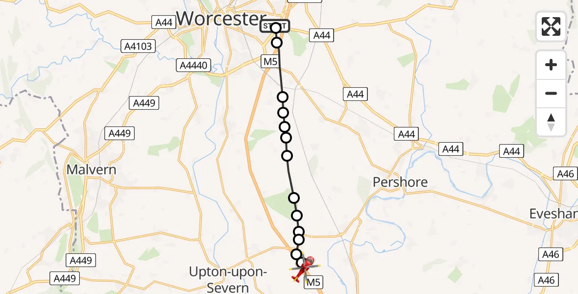 Routekaart van de vlucht: Air Ambulance Helicopter to Hill Croome, M5