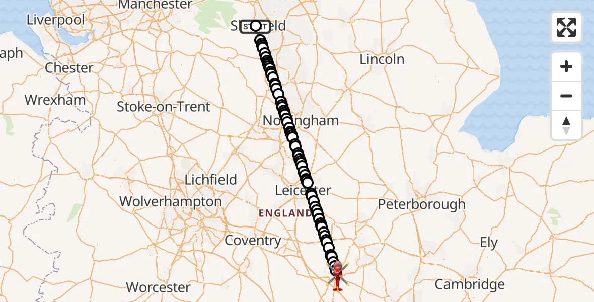 Flight route map: Air Ambulance Helicopter to Northampton, Cliftonville Road
