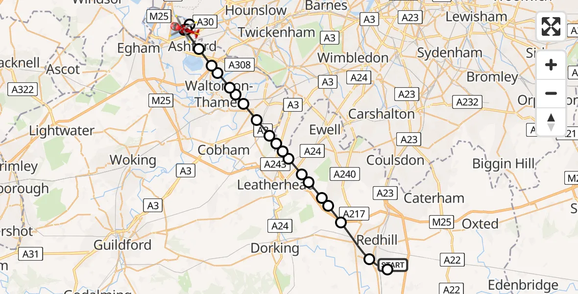 Flight route map: Air Ambulance Helicopter to Stanwell, Clyde Road