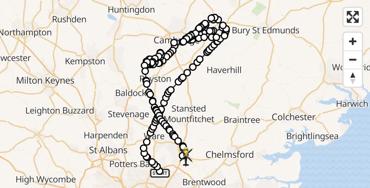 Flight route map: Police Helicopter to North Weald Bassett, Canes Lane
