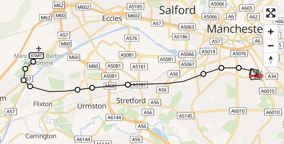 Flight route map: Air Ambulance Helicopter to Manchester, Moss Lane East
