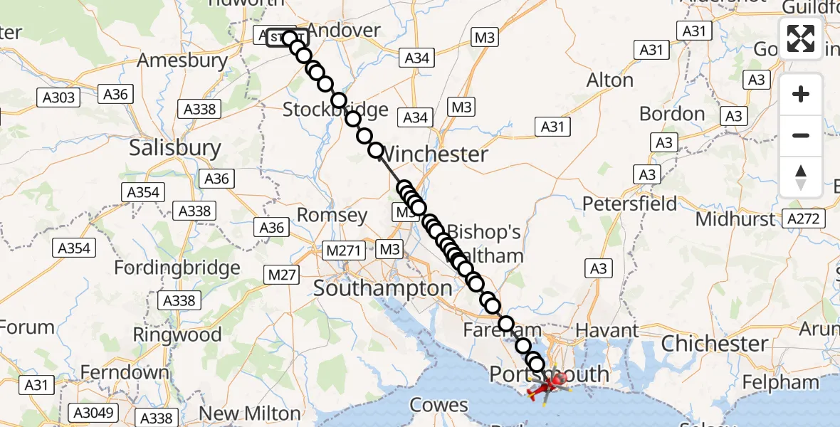 Flight route map: Air Ambulance Helicopter to Portsmouth, Pier Road