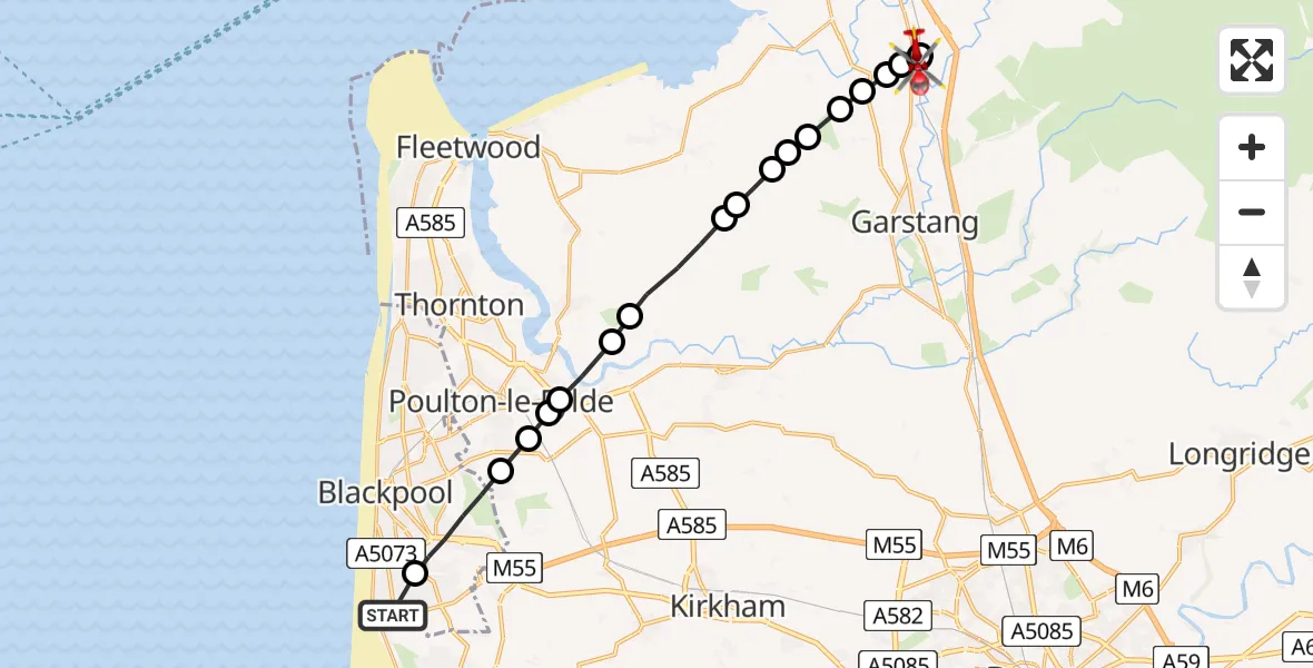 Flight route map: Air Ambulance Helicopter to Forton, The Meadows