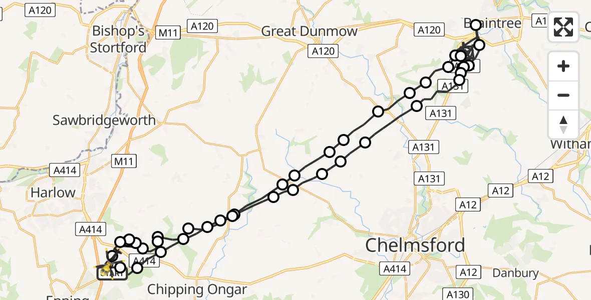 Flight route map: Police Helicopter to North Weald Airfield, North Weald Airfield