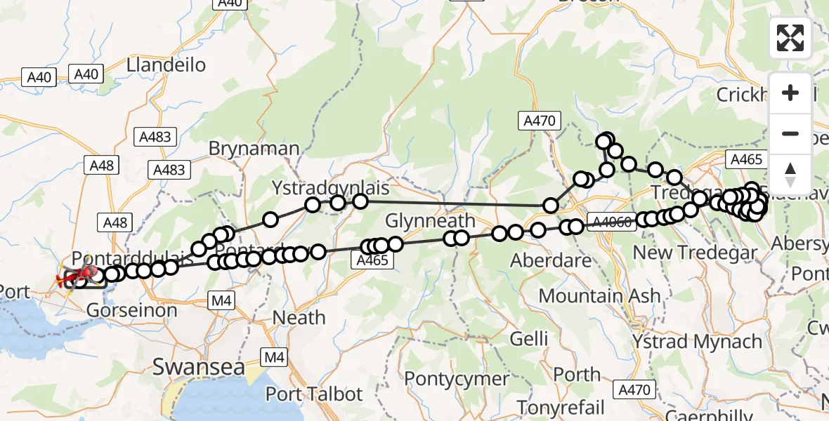 Flight route map: Air Ambulance Helicopter to Dafen, Heol Aur