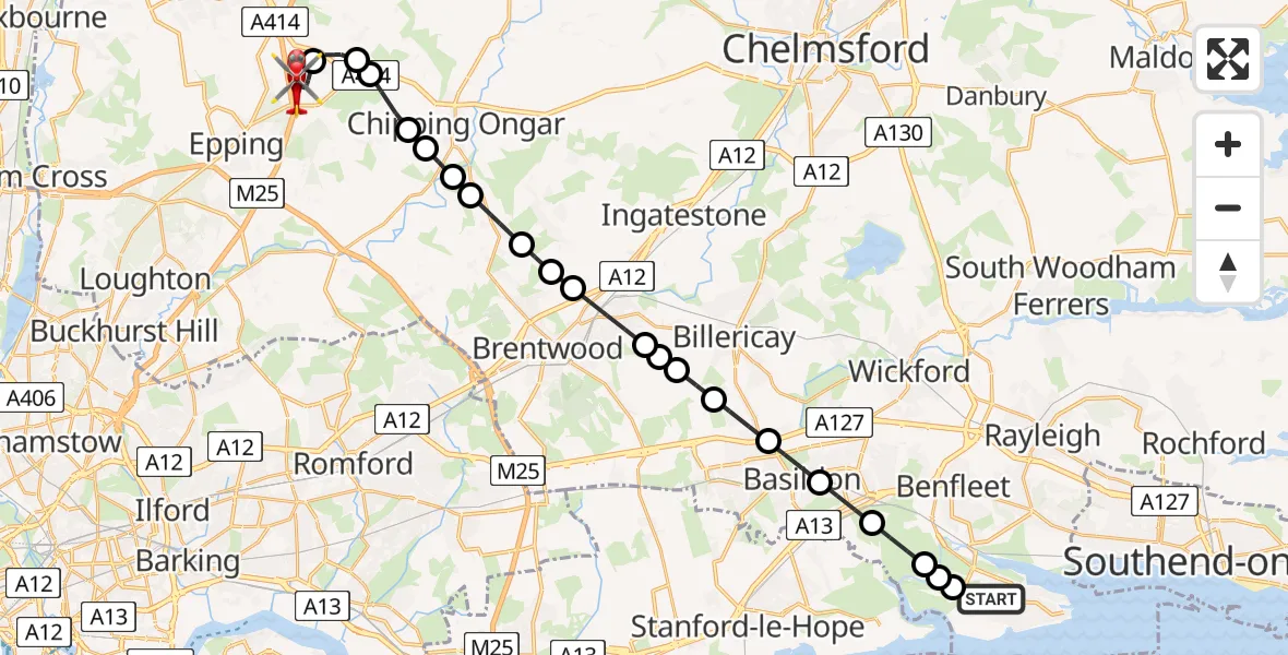 Routekaart van de vlucht: Air Ambulance Helicopter to North Weald Airfield, North Weald Airfield